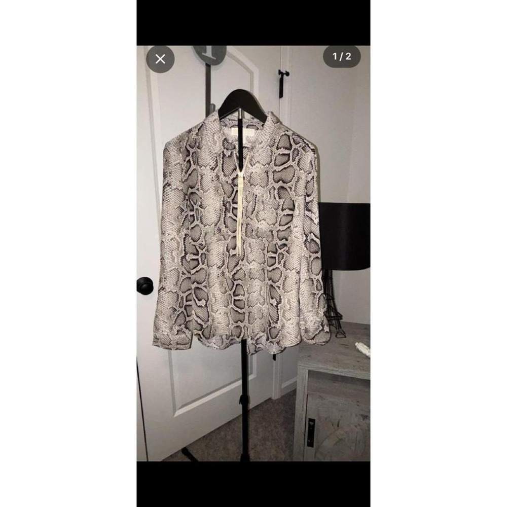 MICHAEL KORS Snake Print Zip Front Collared Shirt Top Blouse SZ L